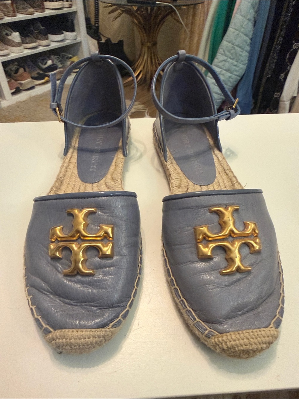 Tory Burch Periwinke Leather Espadrille Ankle-Strap Flats